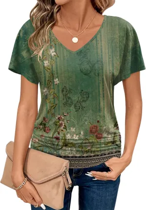 Zeagoo Women's Short Sleeve Shirts V Neck Blouse Ruched Business Casual Basic Tunic Tops S-3XL