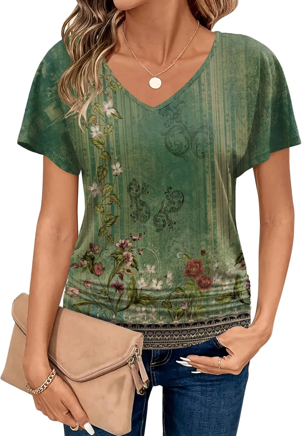 Zeagoo Women's Short Sleeve Shirts V Neck Blouse Ruched Business Casual Basic Tunic Tops S-3XL