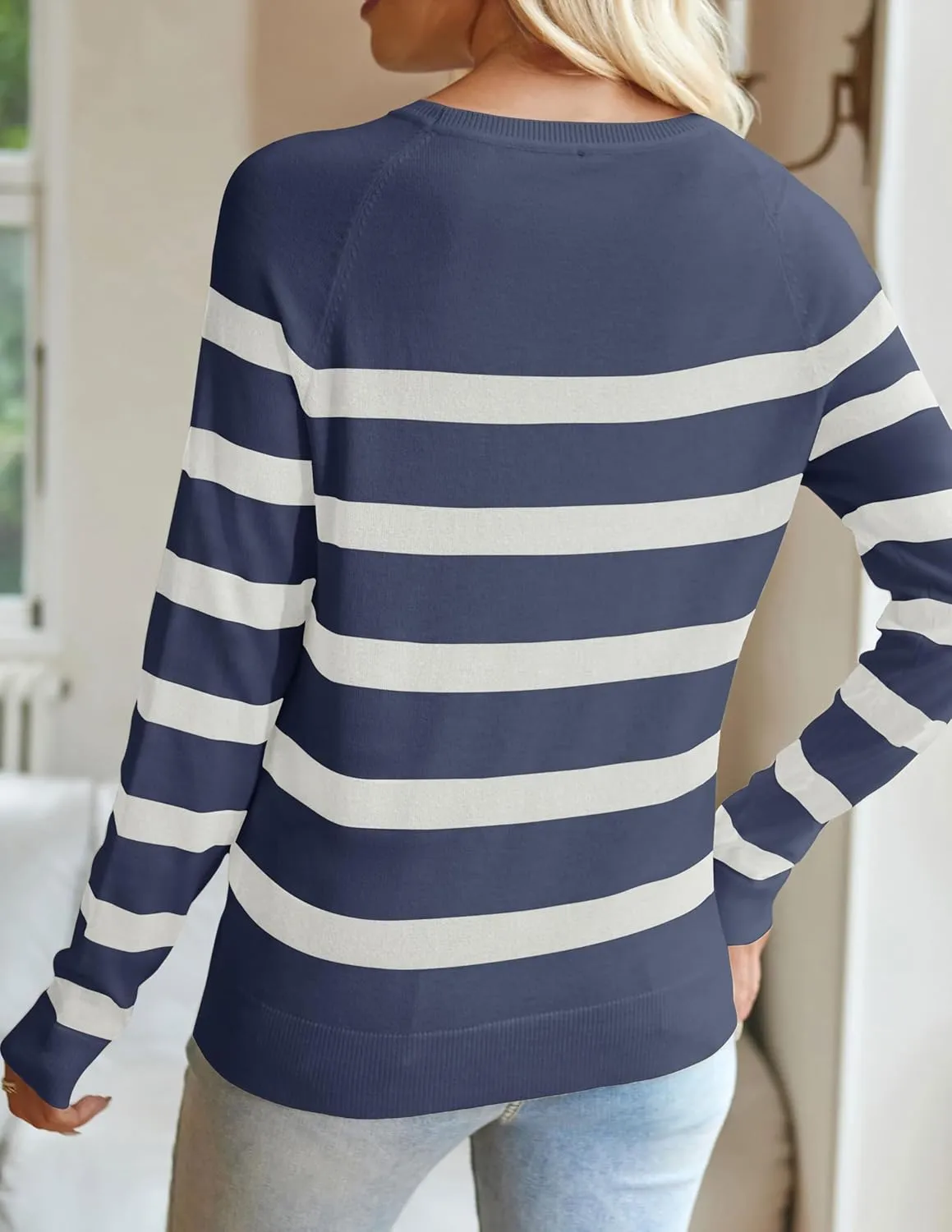 ZESICA Women's Long Sleeve Lightweight Striped Tops Fall Crewneck Ribbed Knit Shirts