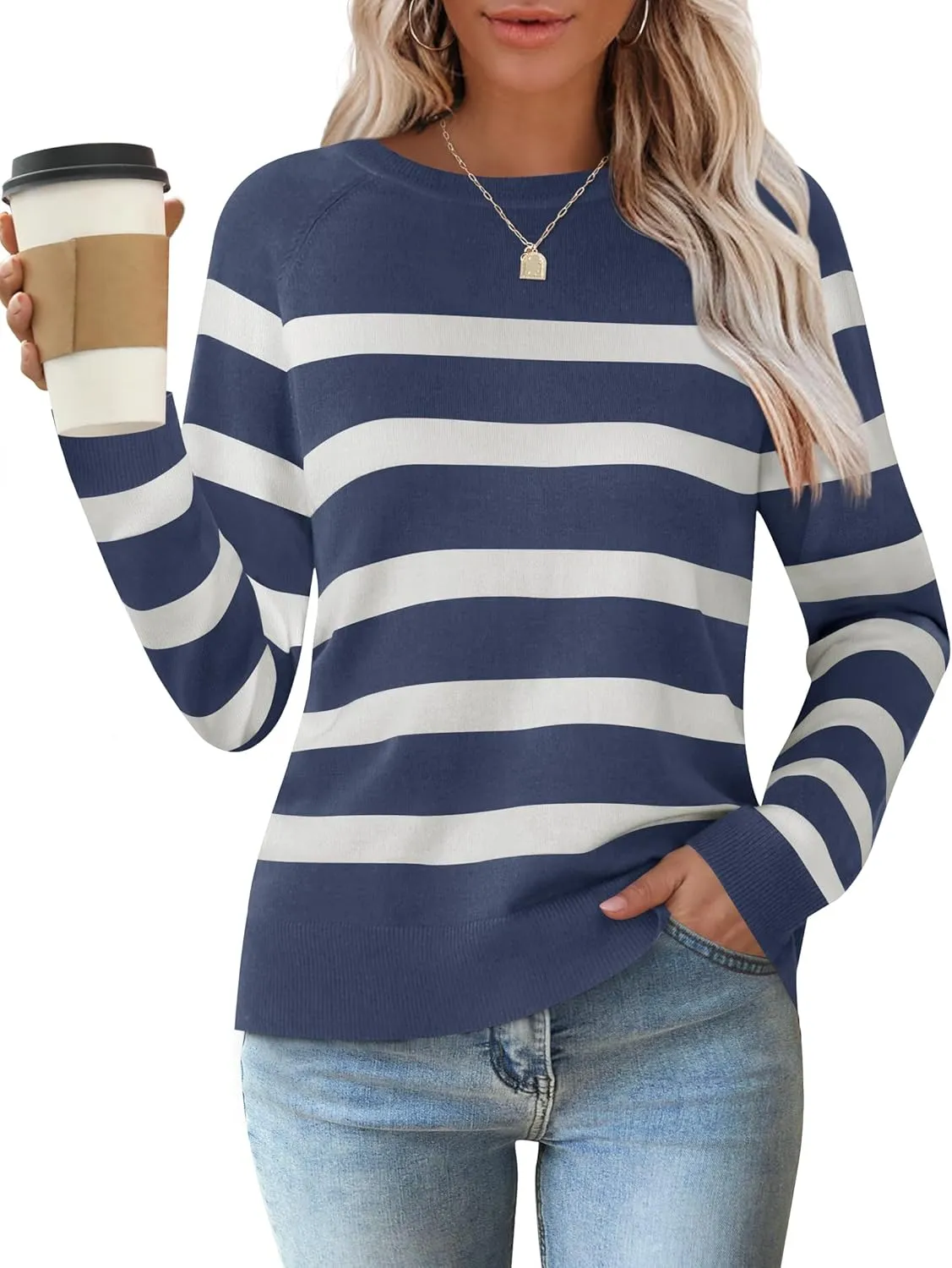 ZESICA Women's Long Sleeve Lightweight Striped Tops Fall Crewneck Ribbed Knit Shirts