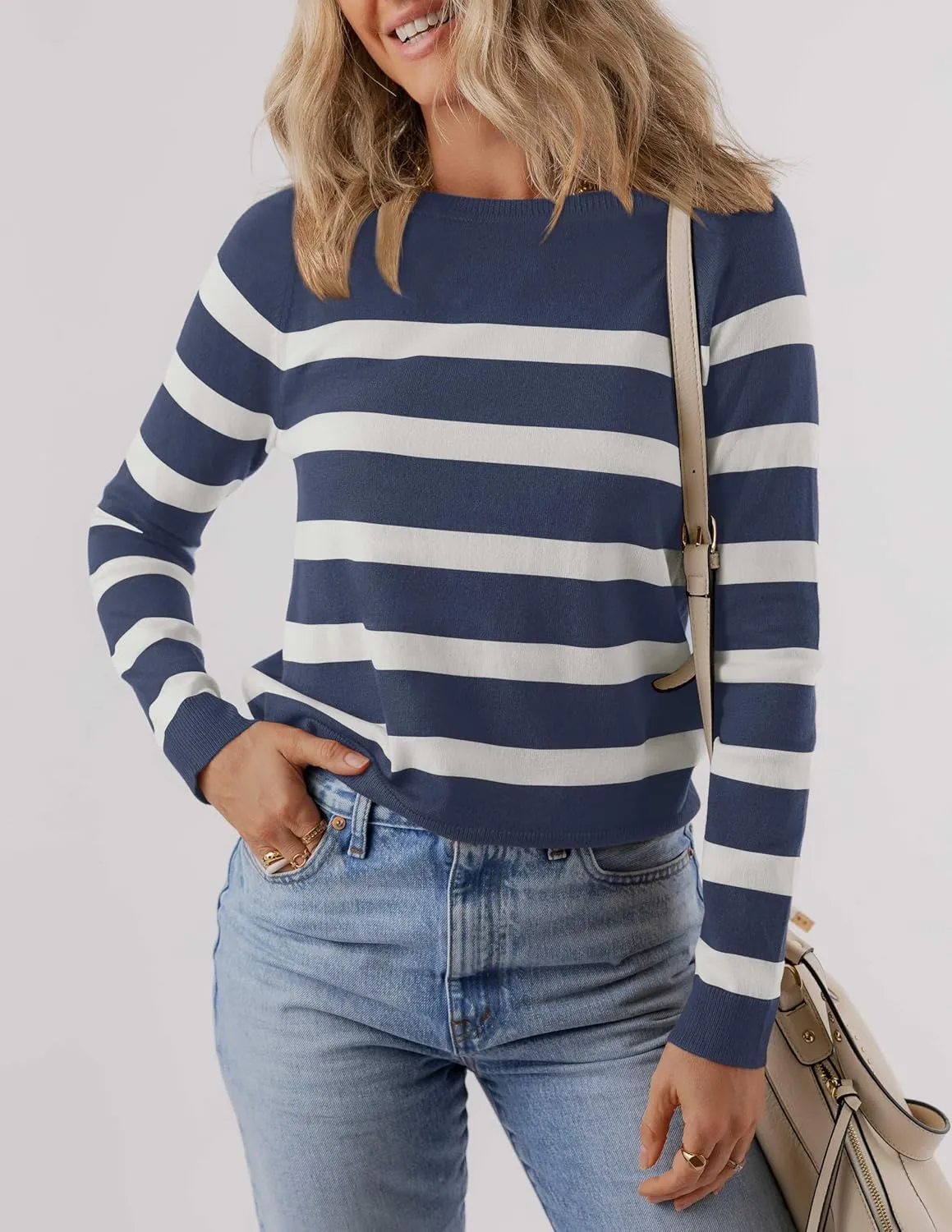ZESICA Women's Long Sleeve Lightweight Striped Tops Fall Crewneck Ribbed Knit Shirts