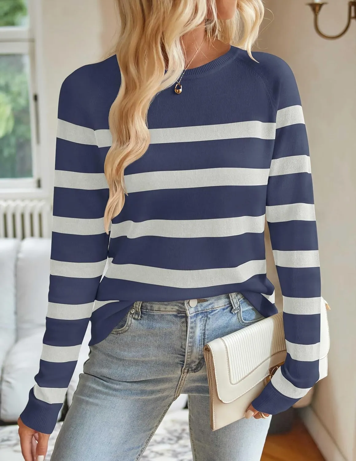 ZESICA Women's Long Sleeve Lightweight Striped Tops Fall Crewneck Ribbed Knit Shirts