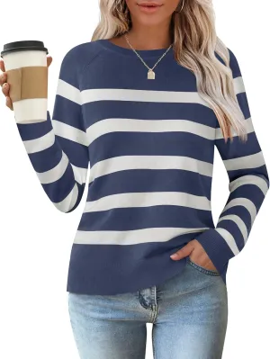 ZESICA Women's Long Sleeve Lightweight Striped Tops Fall Crewneck Ribbed Knit Shirts