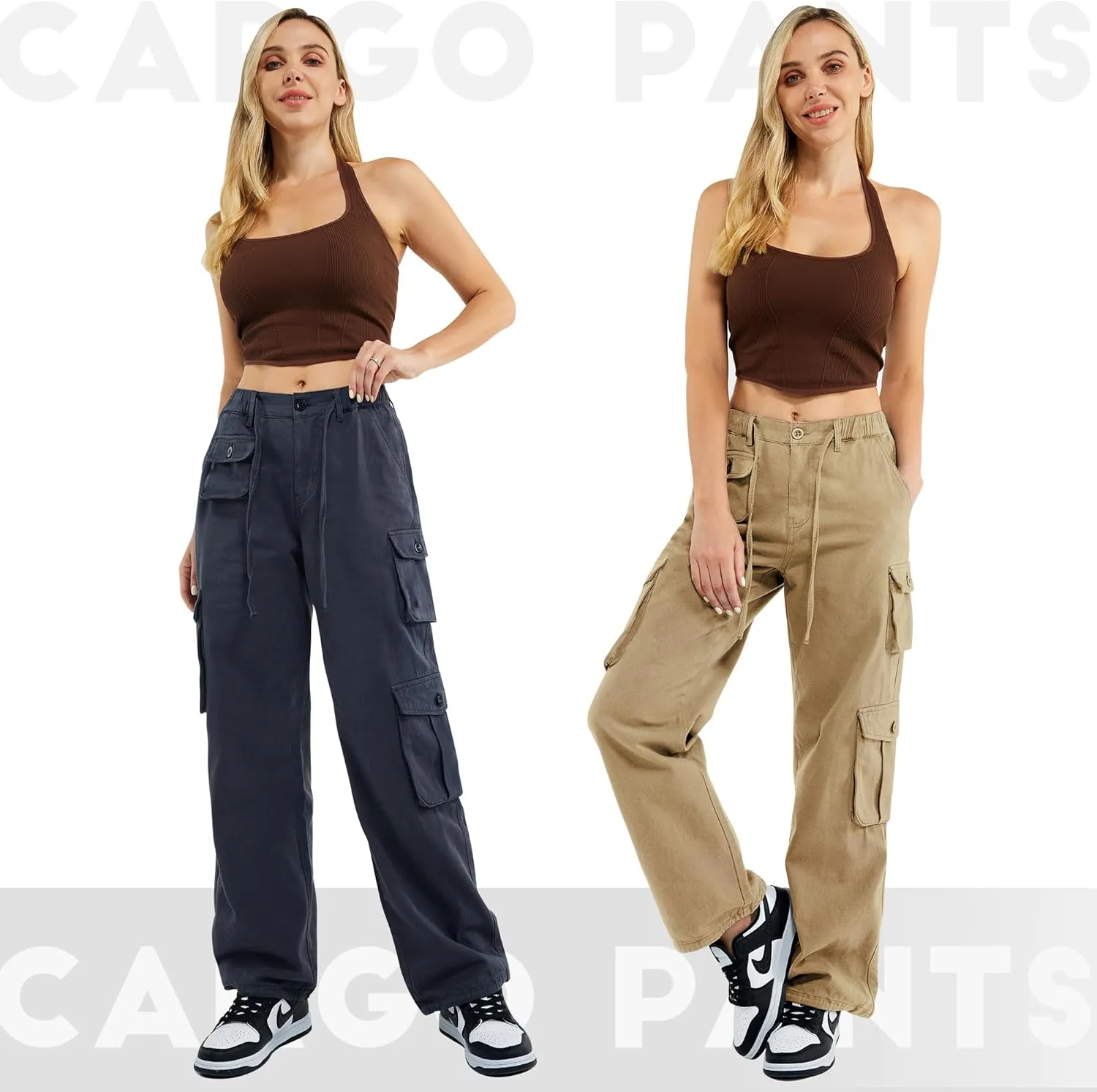 Znyeth Cargo Pants Women Cotton Wide Leg Casual Hiking Military Army Combat Work Pants with 8 Pockets