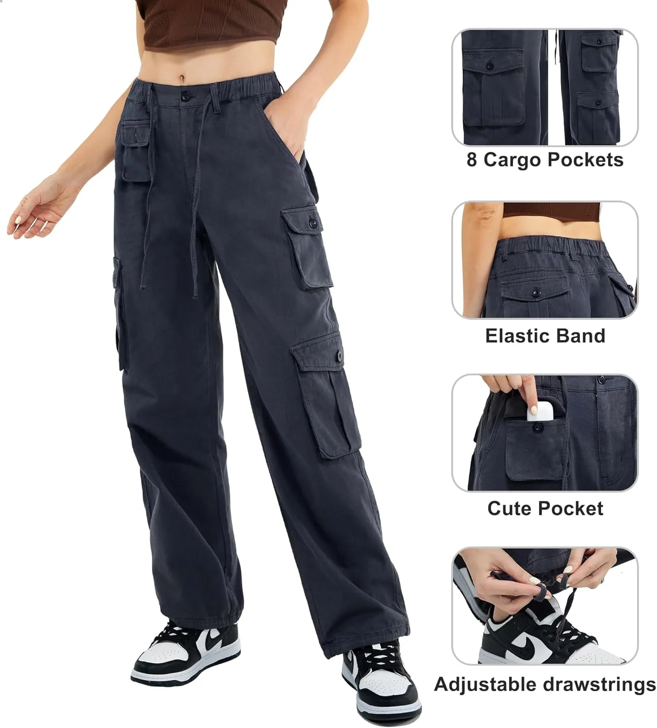 Znyeth Cargo Pants Women Cotton Wide Leg Casual Hiking Military Army Combat Work Pants with 8 Pockets