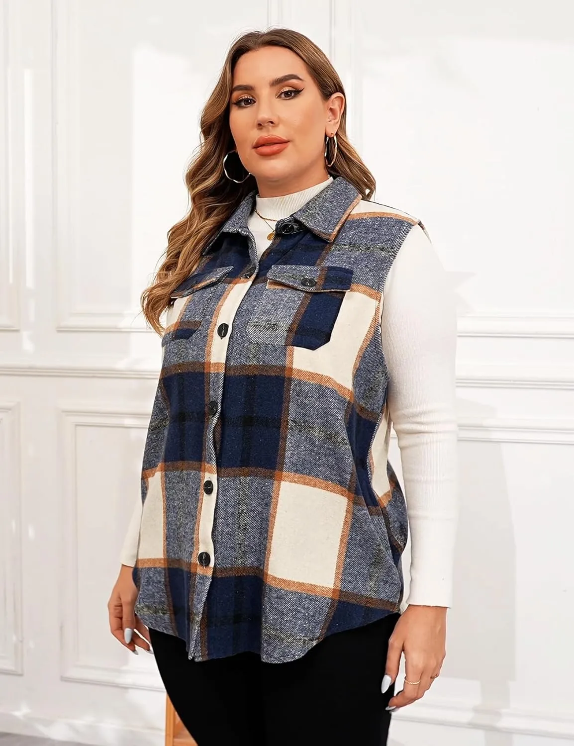 ZOMVA Plus Size 1X-5X Women's Flannel Plaid Long Vest Button Down Sleeveless Jacket Shacket Coat Casual Fall Fashion Outfits