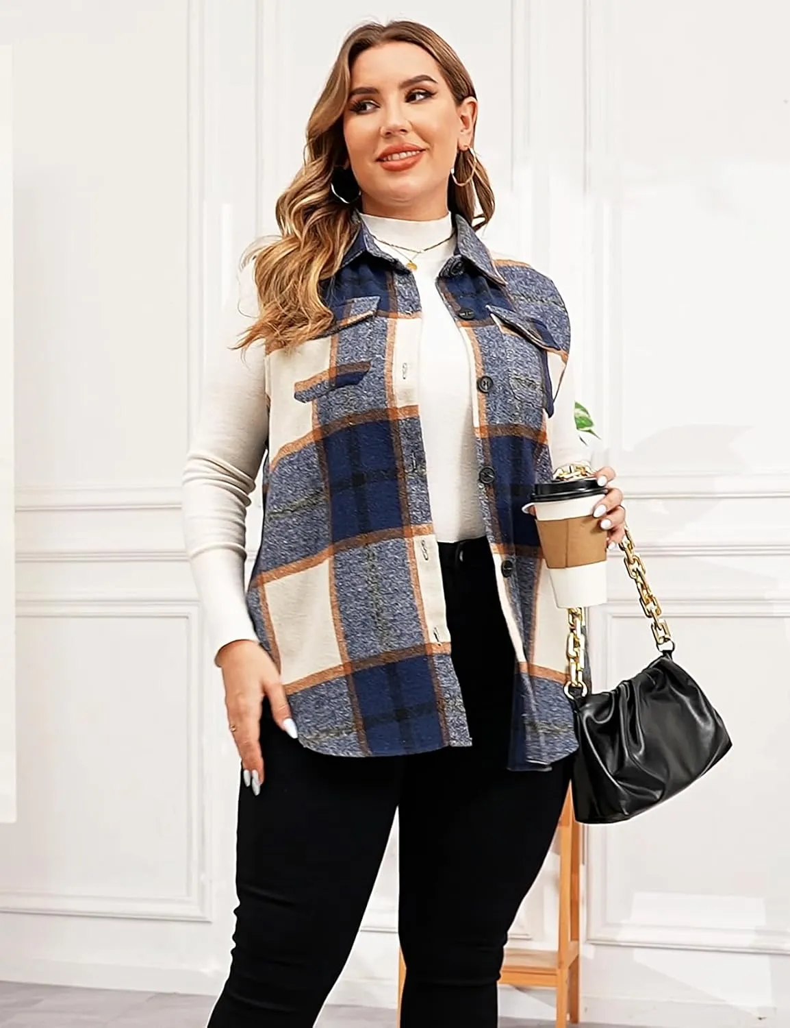 ZOMVA Plus Size 1X-5X Women's Flannel Plaid Long Vest Button Down Sleeveless Jacket Shacket Coat Casual Fall Fashion Outfits