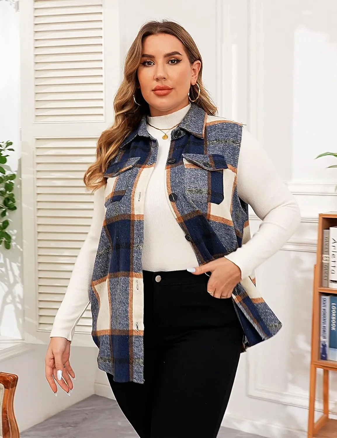 ZOMVA Plus Size 1X-5X Women's Flannel Plaid Long Vest Button Down Sleeveless Jacket Shacket Coat Casual Fall Fashion Outfits