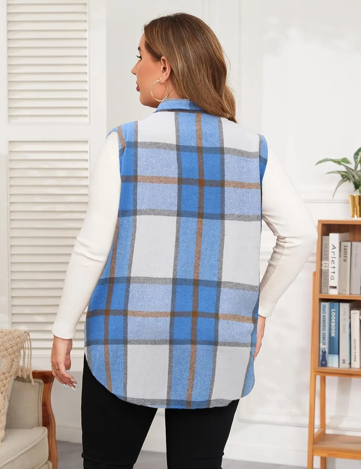 ZOMVA Plus Size 1X-5X Women's Flannel Plaid Long Vest Button Down Sleeveless Jacket Shacket Coat Casual Fall Fashion Outfits