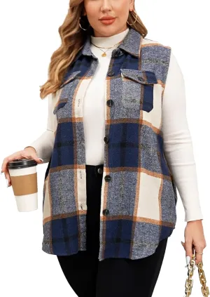 ZOMVA Plus Size 1X-5X Women's Flannel Plaid Long Vest Button Down Sleeveless Jacket Shacket Coat Casual Fall Fashion Outfits