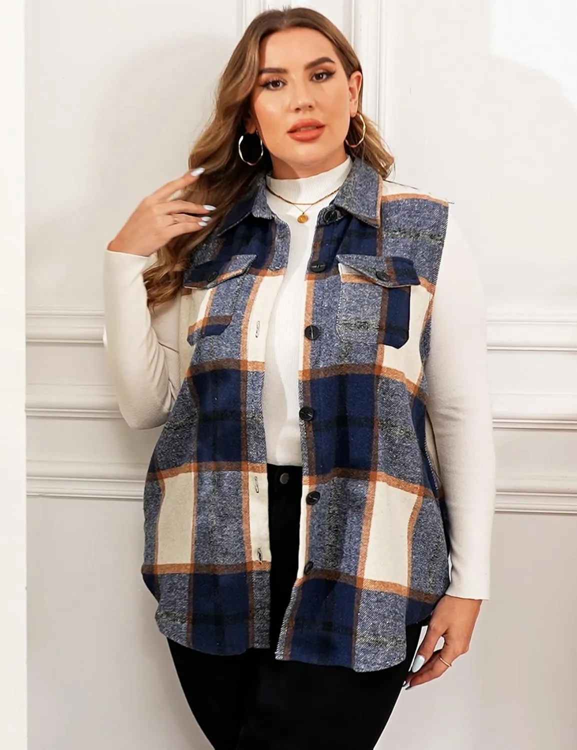 ZOMVA Plus Size 1X-5X Women's Flannel Plaid Long Vest Button Down Sleeveless Jacket Shacket Coat Casual Fall Fashion Outfits