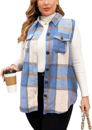 ZOMVA Plus Size 1X-5X Women's Flannel Plaid Long Vest Button Down Sleeveless Jacket Shacket Coat Casual Fall Fashion Outfits