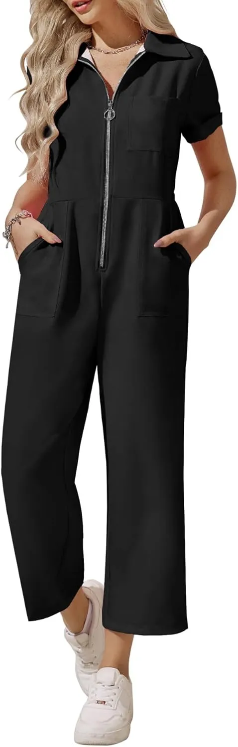 Zwurew Women's Short Sleeve Jumpsuits Love Heart Graphic Zip Up Long Pants Romper with Pockets