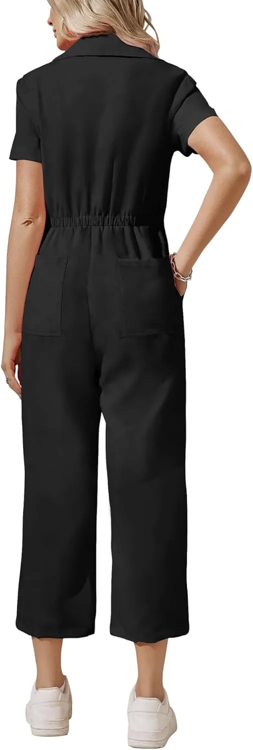 Zwurew Women's Short Sleeve Jumpsuits Love Heart Graphic Zip Up Long Pants Romper with Pockets