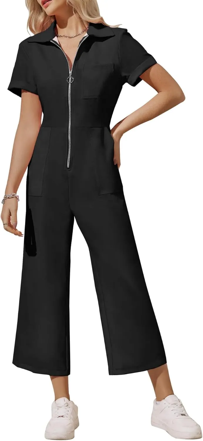 Zwurew Women's Short Sleeve Jumpsuits Love Heart Graphic Zip Up Long Pants Romper with Pockets