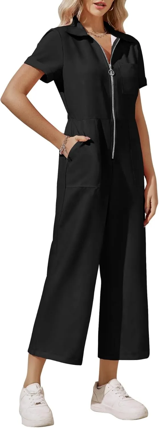 Zwurew Women's Short Sleeve Jumpsuits Love Heart Graphic Zip Up Long Pants Romper with Pockets