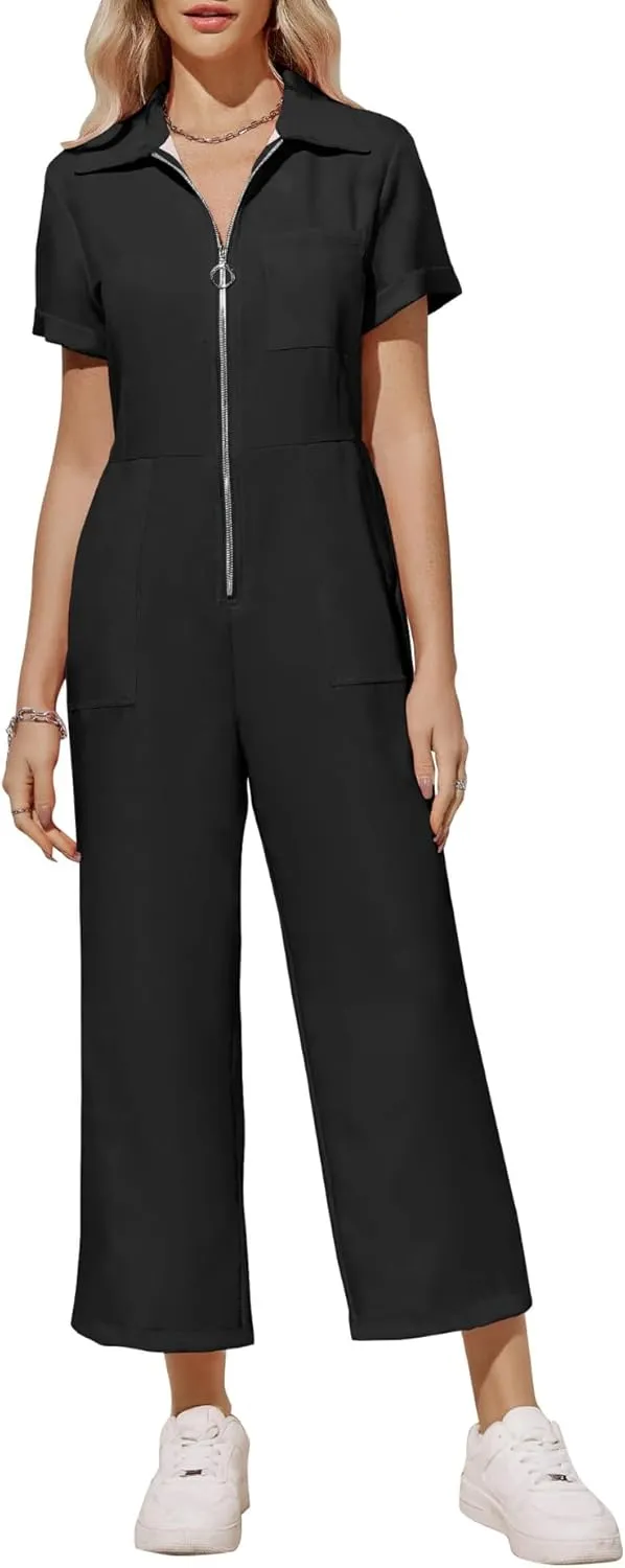 Zwurew Women's Short Sleeve Jumpsuits Love Heart Graphic Zip Up Long Pants Romper with Pockets