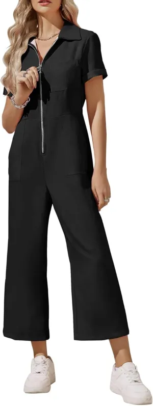 Zwurew Women's Short Sleeve Jumpsuits Love Heart Graphic Zip Up Long Pants Romper with Pockets